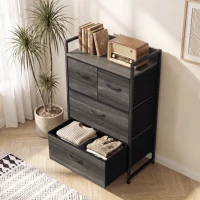 HOMCOM Rustic Chest of Four Fabric Drawers - Grey Wood Effect(m-9)