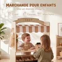 AIYAPLAY Marchande Enfants en Bois, Caisse Enregistreuse, Aliments Factices, Tableau à Craie et 61 Accessoires, pour 3 à 8 Ans(m-4)