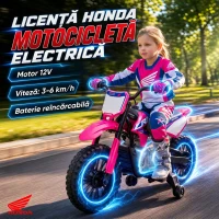AIYAPLAY Motocicletă electrică pentru copii 3+ ani, licență Honda CRF 450R, 12V, baterie litiu, cu suspensii, roz(m-4)