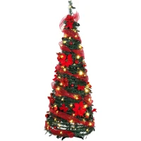 HOMCOM Árbol de Navidad Artificial 150 cm con 100 Luces LED 150 Ramas 11 Modos Bolas, Cintas Soporte Plegable Verde y Rojo(m-11)