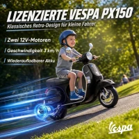 AIYAPLAY Elektryczny motocykl dziecięcy Vespa PX150 12V z akumulatorem litowym 35W 2 silniki 25° ograniczenie skrętu dla dzieci 3-6 lat(m-4)