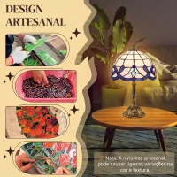HOMCOM Candeeiro de Mesa Tiffany Vintage Candeeiro de Cabeceira com Abajur em Vidro Colorido para Quarto e Sala Azul(m-4)