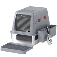 PawHut 3 in 1 Lettiera Gatto Chiusa Grande 49L in Acciaio Inox con Coperchio, Paletta, Pedana, 2 Contenitori, Grigio(m-1)