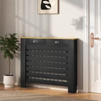 HOMCOM Couvercle de Radiateur, Cache-Radiateur, Grille à Lattes Horizontales avec 2 Tiroirs en Bois, 111 x 19 x 95,5 cm, Noir(m-2)