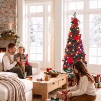 HOMCOM Árbol de Navidad Artificial 150 cm con 100 Luces LED 150 Ramas 11 Modos Bolas, Cintas Soporte Plegable Verde y Rojo(m-9)