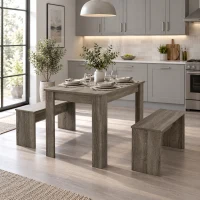 HOMCOM Kitchen Dining Table and 2 Benches Set, Table and Chairs Set for Limited Space, Grey Wood Effect(m-9)