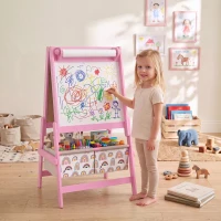 AIYAPLAY Art Easel for Kids, 3-in-1 Kids Easel with Chalkboard, Whiteboard, Paper Roll, Storage, Under-Board Shelf for 3-8, Pink(m-14)
