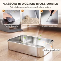 PawHut 3 in 1 Lettiera Gatto Chiusa Grande 49L in Acciaio Inox con Coperchio, Paletta, Pedana, 2 Contenitori, Grigio(m-5)