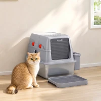 PawHut 3 in 1 Lettiera Gatto Chiusa Grande 49L in Acciaio Inox con Coperchio, Paletta, Pedana, 2 Contenitori, Grigio(m-8)