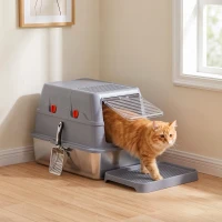 PawHut 3 in 1 Lettiera Gatto Chiusa Grande 49L in Acciaio Inox con Coperchio, Paletta, Pedana, 2 Contenitori, Grigio(m-9)