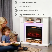 HOMCOM Șemineu Electric 1800W Reglabil cu Flacără 3D, Raft, Timer și Telecomandă, 105x27x97 cm, Alb(m-7)