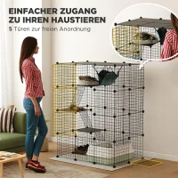 PawHut Kattenren voor binnen 140 cm, 4-laags stalen kattenkooi met 5 deuren, ladders, hangmat en platforms, DIY, zwart(m-6)