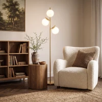 HOMCOM 3-Light Tree Floor Lamps for Living Room, Modern Standing Lamp for Bedroom with Globe Lampshade, Steel Base, Bulb not Included, Gold Tone(m-9)