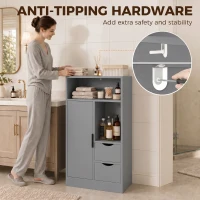 HOMCOM Meuble de salle de bain, meuble de rangement étroit avec 2 tiroirs, compartiments ouverts, 50x25x100cm, gris(m-8)