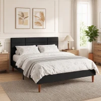 HOMCOM Cadre de Lit 140 x 200 cm avec Sommier Bois, Lit Double Rembourré en Effet Lin, Rangement au-dessous, Sans Bruit, Noir(m-14)