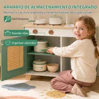 AIYAPLAY Cocina de Juguete de Madera con Cafetera Máquina de Hielo 19 Accesorios Microondas Almacenaje 3-6 Años Verde(m-7)