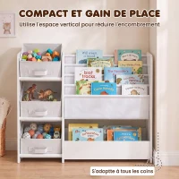 AIYAPLAY Meuble Rangement Enfant à 3 Niveaux avec 4 Porte-livres, 3 Bacs en Tissu et Compartiment, 64,5 x 30 x 66 cm, Blanc(m-6)