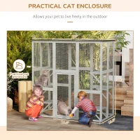 PawHut Wooden Catio Cat Outdoor Enclosure, Cat Cage with Waterproof Roof, Platforms, for Multiple Kittens, 180 x 98 x 180 cm(m-7)
