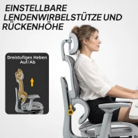 HOMCOM Bürostuhl, Ergonomischer Schreibtischstuhl mit Netzstoffbezug, verstellbar, rollbar, mit Armlehnen, Kopfstütze, Grau(m-8)