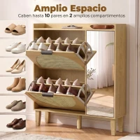 HOMCOM Zapatero Estrecho Bohemio con Espejo 2 Puertas de Ratán Armario 10 Pares Estantes Ajustables 94,5x24x96,5 cm Roble(m-5)