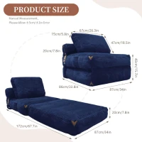 3-in-1 Convertible Corduroy Floor Sofa Bed with Side Pockets, Oversized Chaise Lounge for Bedrooms or Student Dorms, 87L x 86W x 40H cm, Blue(m-3)