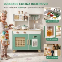 AIYAPLAY Cocina de Juguete de Madera con Cafetera Máquina de Hielo 19 Accesorios Microondas Almacenaje 3-6 Años Verde(m-4)