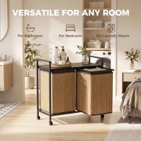 HOMCOM Wasmand Bamboe 2 vakken 120 L Wasverzamelaar met Plank, Wasbox, Verrijdbaar 73x33x78 cm, Bruin(m-9)
