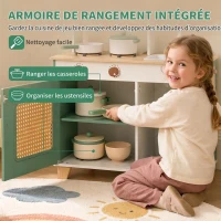 AIYAPLAY Cuisine Enfant en Bois 19 Accessoires, Cafetière, Machine à Glaçons, Micro-Ondes, Placard, 3-6 Ans, 61x27x79,7cm, Vert(m-7)