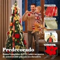 HOMCOM Árbol de Navidad Desplegable 180 cm con 100 Luces LED 11 Modos Mando a Distancia y Decoración Incluida Verde(m-6)