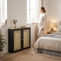 HOMCOM Cubre Radiadores con 2 Puertas de Ratán Cubreradiador Cubierta para Radiador para Salón Dormitorio 78x19x75 cm Negro(m-8)