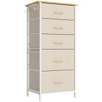HOMCOM Chest of Drawers, Dresser with 5 Fabric Drawers, Tall Storage Unit with 4 Pockets and 2 Hooks Steel Frame, Beige(m-1)