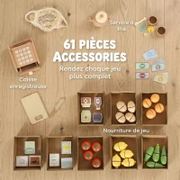AIYAPLAY Marchande Enfants en Bois, Caisse Enregistreuse, Aliments Factices, Tableau à Craie et 61 Accessoires, pour 3 à 8 Ans(m-5)