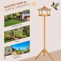 PawHut Houten vogelvoederhuis op standaard met platform en schuin metalen dak, Ø57,7 x 153 cm, naturel(m-4)