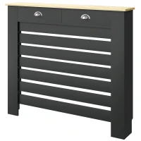HOMCOM Couvercle de Radiateur, Cache-Radiateur, Grille à Lattes Horizontales avec 2 Tiroirs en Bois, 111 x 19 x 95,5 cm, Noir(m-14)