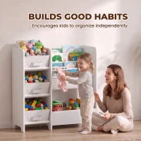 AIYAPLAY Meuble Rangement Enfant à 3 Niveaux avec 4 Porte-livres, 3 Bacs en Tissu et Compartiment, 64,5 x 30 x 66 cm, Blanc(m-8)