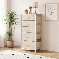 HOMCOM Chest of Drawers, Dresser with 5 Fabric Drawers, Tall Storage Unit with 4 Pockets and 2 Hooks Steel Frame, Beige(m-14)