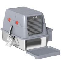 PawHut 3 in 1 Lettiera Gatto Chiusa Grande 49L in Acciaio Inox con Coperchio, Paletta, Pedana, 2 Contenitori, Grigio(m-11)