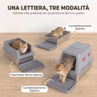 PawHut 3 in 1 Lettiera Gatto Chiusa Grande 49L in Acciaio Inox con Coperchio, Paletta, Pedana, 2 Contenitori, Grigio(m-6)