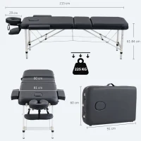 HOMCOM Foldable Massage Bed Portable Table, 3-Section Aluminium Foldable Beauty Couch with Headrest Support, 60 cm Width Black(m-3)