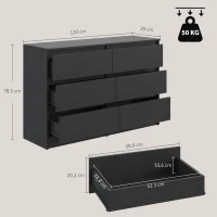 HOMCOM Commode Chambre Adulte, Chiffonnier 6 Tiroirs, Commode Vêtement, Meuble de Rangement Contemporain pour Salon, Noir(m-3)