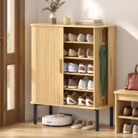 HOMCOM Dulap pentru Pantofi 5 Niveluri 15 Perechi cu Uși tip Rulou Glisante, Rafturi Reglabile, 78x38x95,2cm, Stejar(m-7)