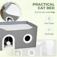 PawHut Cat Bed for Indoor Pets, Foldable Cat House with Fluffy Ball and Scratch Pad for Small and Medium Pets, Grey(m-6)