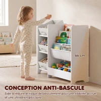 AIYAPLAY Meuble Rangement Enfant à 3 Niveaux avec 4 Porte-livres, 3 Bacs en Tissu et Compartiment, 64,5 x 30 x 66 cm, Blanc(m-5)