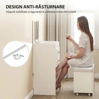 HOMCOM Masă de machiaj 3 în 1 cu oglindă rabatabilă, taburet retractabil, 3 sertare și blat din sticlă, alb(m-7)