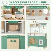 AIYAPLAY Cuisine Enfant en Bois 19 Accessoires, Cafetière, Machine à Glaçons, Micro-Ondes, Placard, 3-6 Ans, 61x27x79,7cm, Vert(m-6)