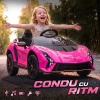 AIYAPLAY Mașină Electrică pentru Copii 3-6 Ani 12V Lamborghini Autentica, 2 Motoare, Uși Tip Foarfecă, Suspensii, Roz(m-7)