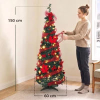 HOMCOM Árbol de Navidad Artificial 150 cm con 100 Luces LED 150 Ramas 11 Modos Bolas, Cintas Soporte Plegable Verde y Rojo(m-3)