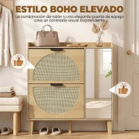 HOMCOM Zapatero Estrecho Bohemio con Espejo 2 Puertas de Ratán Armario 10 Pares Estantes Ajustables 94,5x24x96,5 cm Roble(m-4)