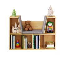 HOMCOM Kinderboekenkast 2-in-1 Kinderrek Speelbank 103 cm incl. Kussens Grijs Naturel(m-15)