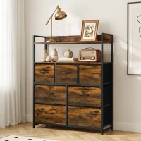 HOMCOM Cómoda de Tela con 7 Cajones y 2 Estantes de Estilo Industrial con Marco de Acero 79x29x101 cm Marrón Rustico(m-2)